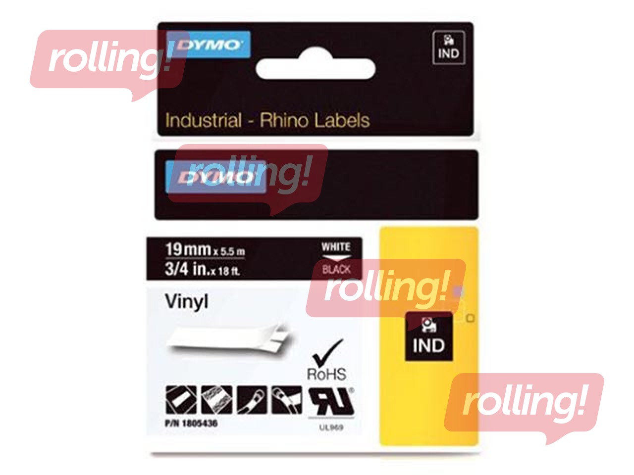 Markeerimislint Dymo Rhino 19mm x 5,5m, vinüül, valge, must kirjad
