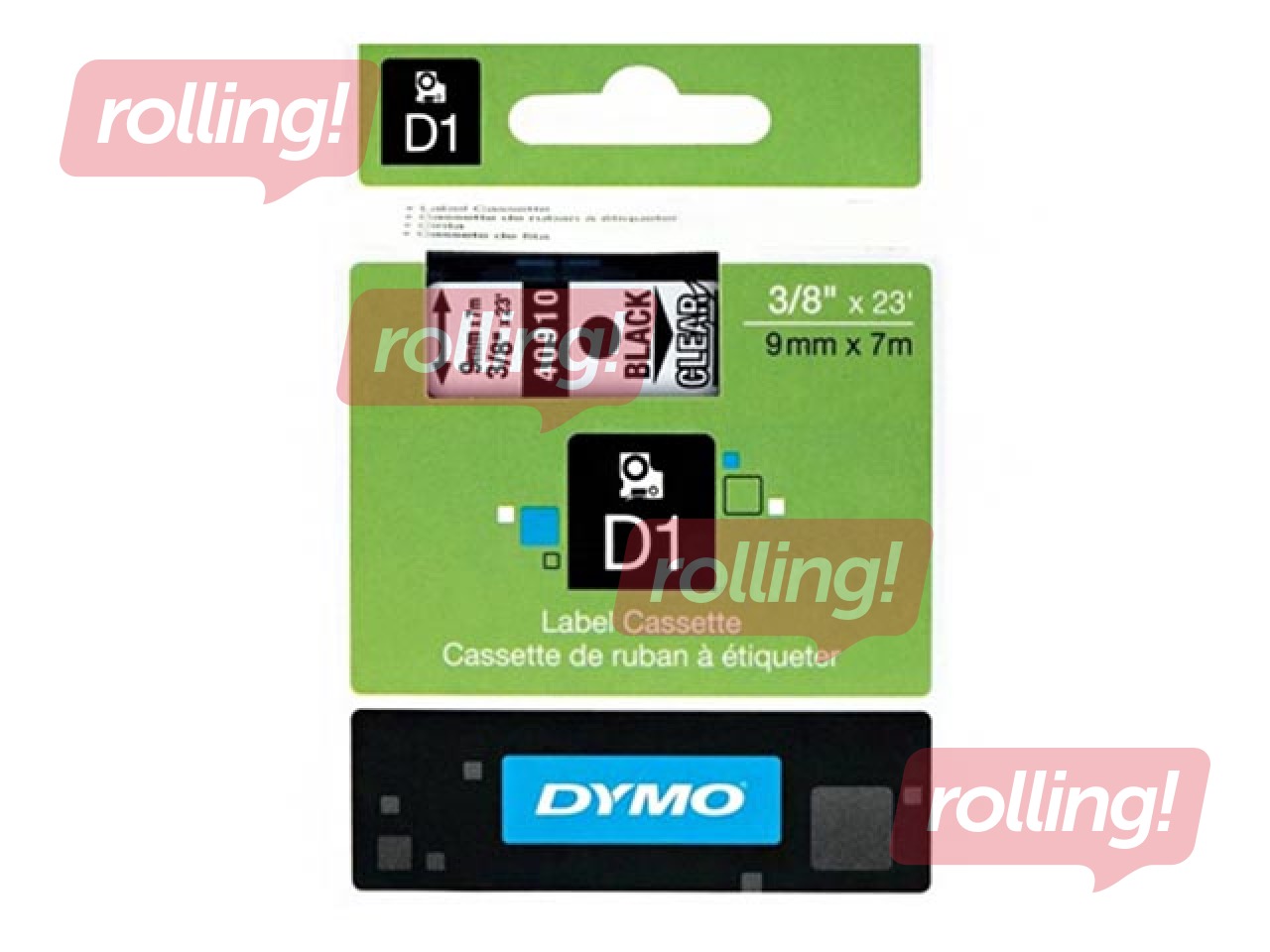 Marķēšanas lente Dymo D1, 9 mm x 7m, melni burti uz caurspīdīga fona