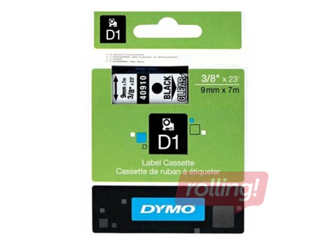 Маркировочная лента Dymo D1, 9 мм x 7м, прозрачная, чёрные буквы буквы