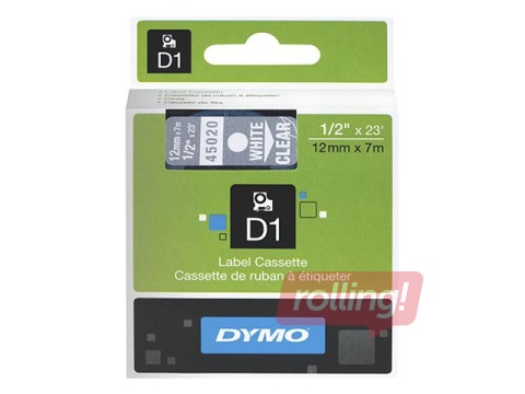 Markeerimislint Dymo D1, 12mm x 7m, valge print/läbipaistev