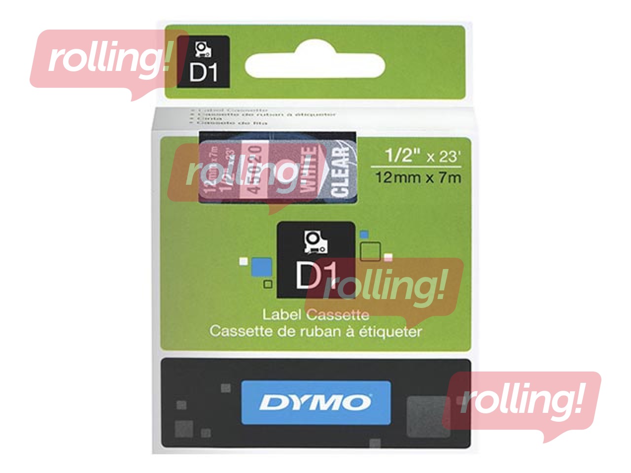 Markeerimislint Dymo D1, 12mm x 7m, valge print/läbipaistev