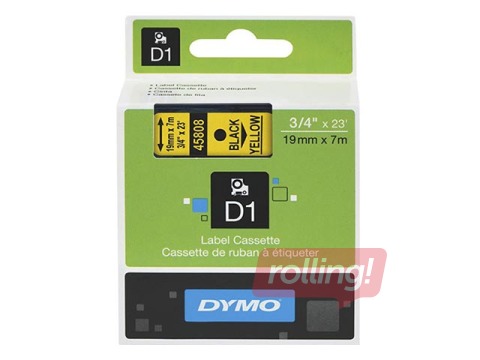 Marķēšanas lente DYMO D1, 19 mm x 7 m, melni burti uz dzeltena fona 