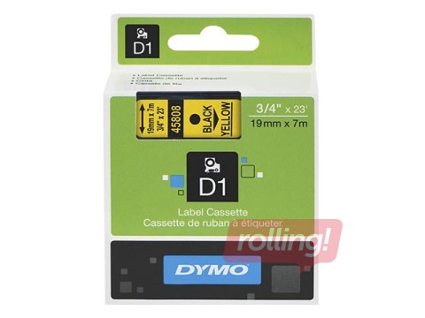 Маркировочная лента DYMO D1, 19 мм x 7 м, черные буквы на желтом фоне 