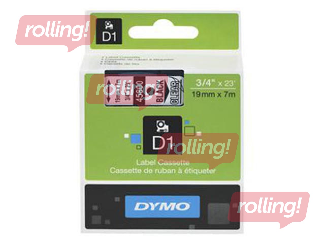 Marķēšanas lente Dymo D1, 19 mm x 7m, melni burti  uz caurspīdīga fona