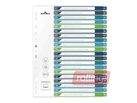 Разделитель документов Durable1-20, A4+, ПП, цветной