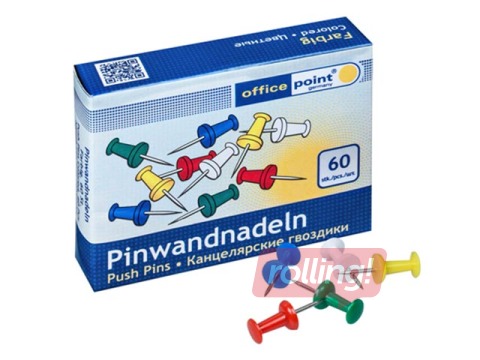 Kaardinõelad korktahvlile Office Point, värvilised, 60 tk.