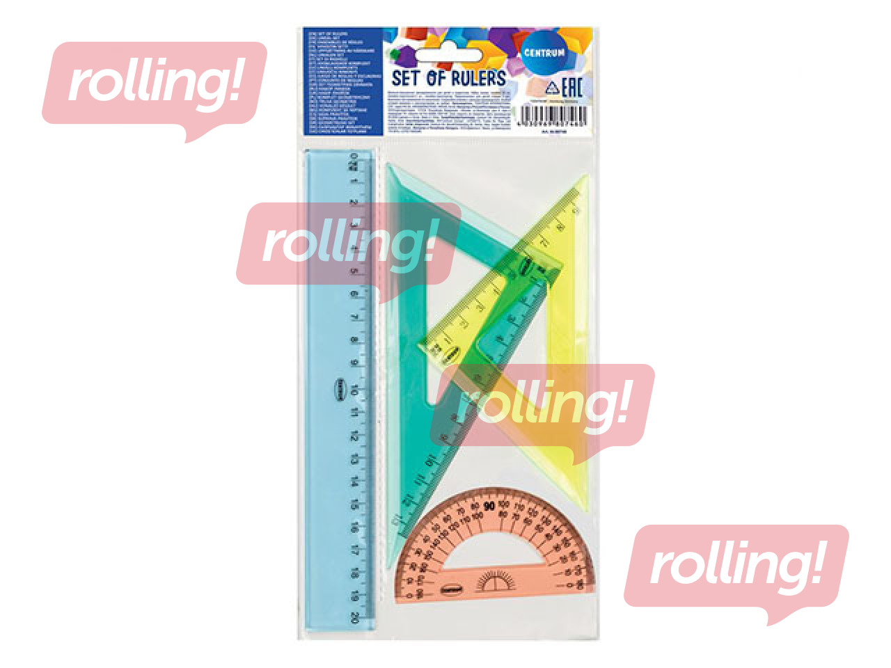 Lineālu komplekts, Centrum, 4 priekšmeti, krāsaini