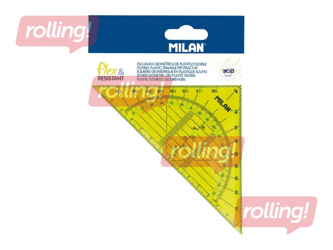 Kolmnurkline joonlaud + transportöör Milan, kollane, 14cm, 180°