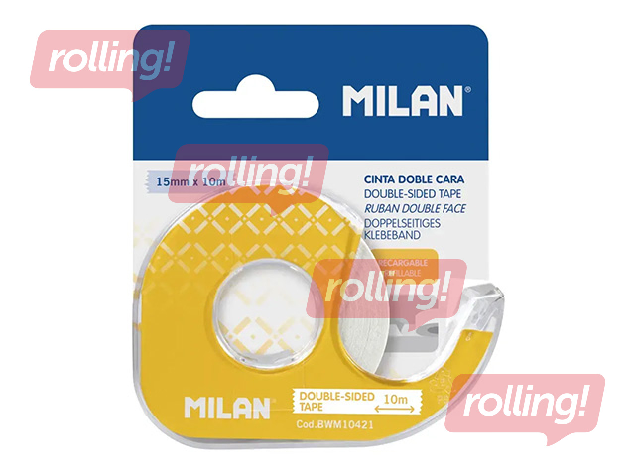 Двусторонняя клейкая лента с держателем Milan, прозрачная, 15мм x 10м