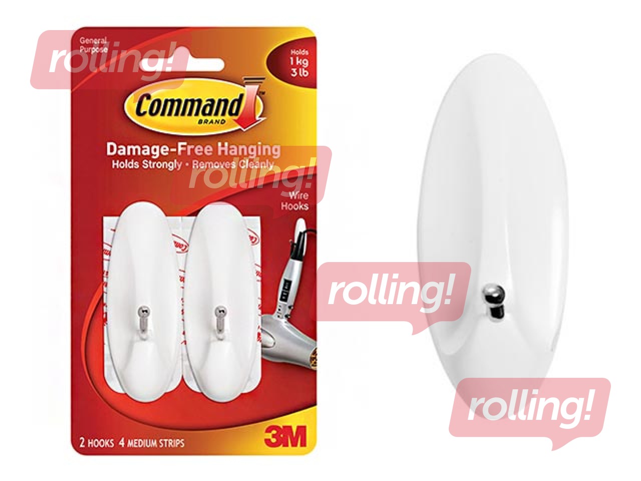 Command Wire Hook with adhesive strip, M, plastic, white