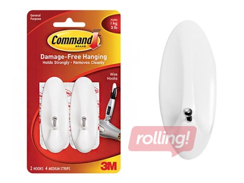 Крючок Command Wire M с клейкой лентой, пластик, белый