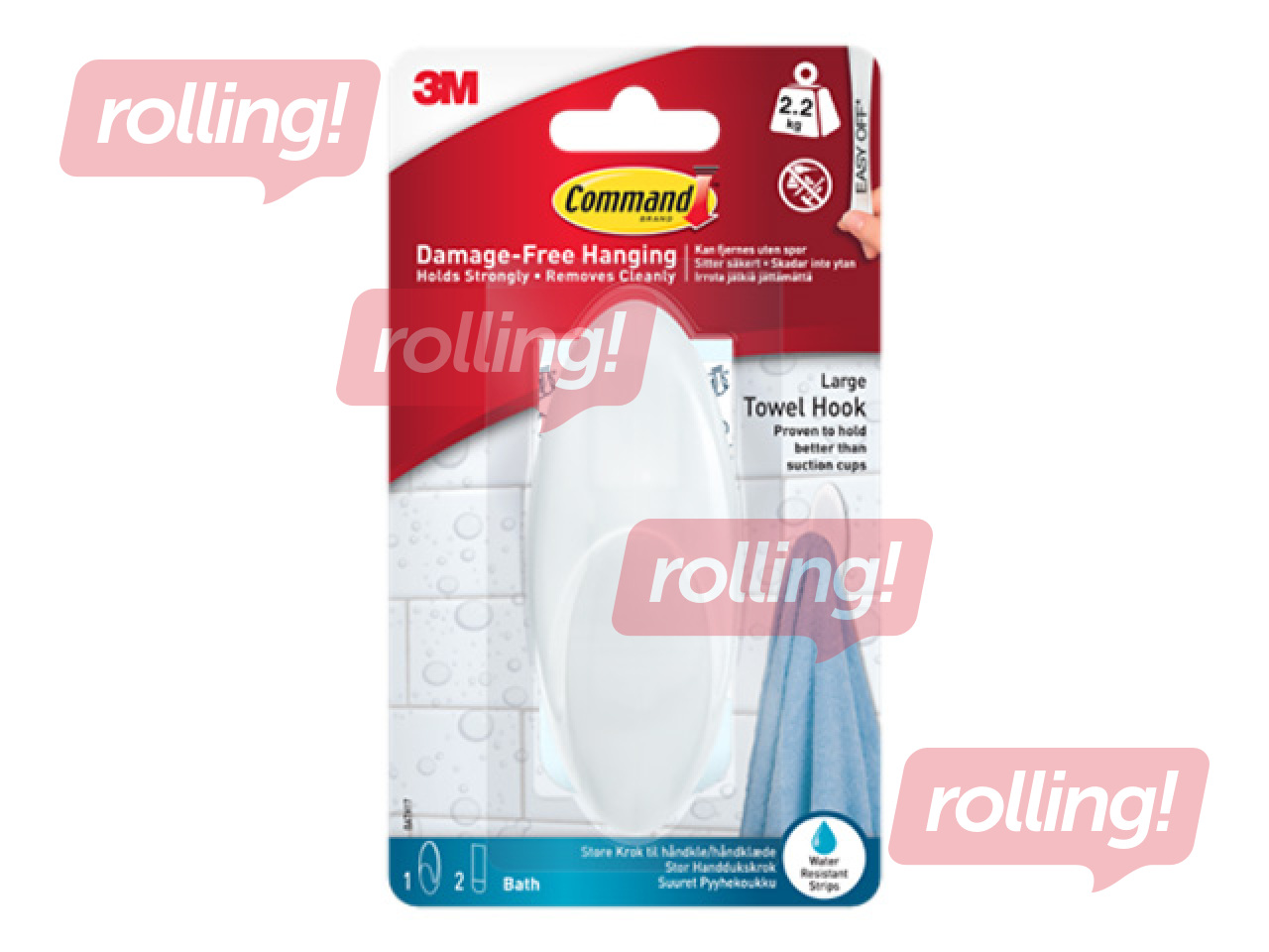 Command Bath Large Towel Hook, plastic, adhesive, white