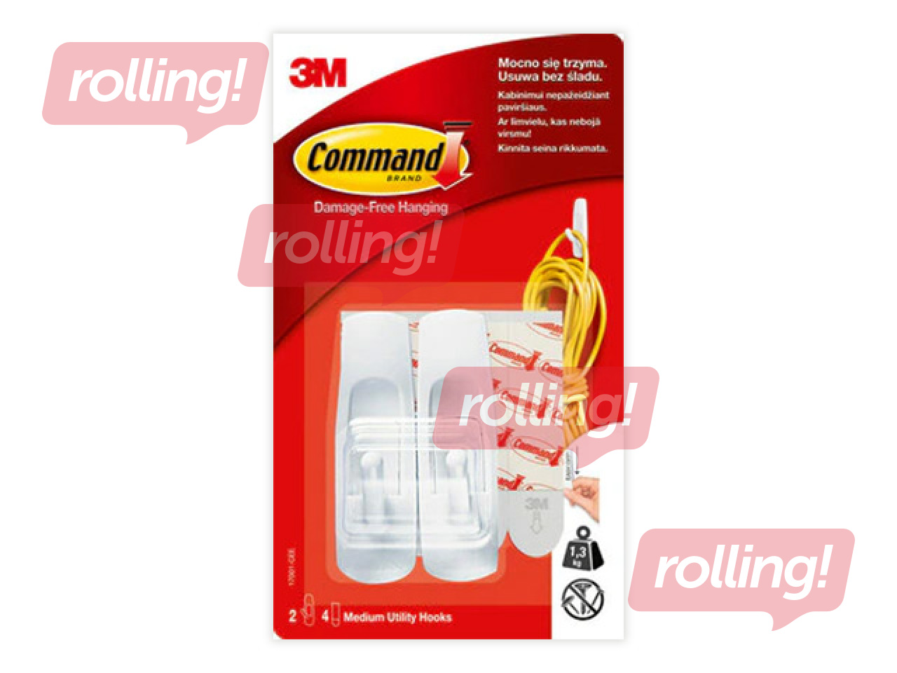 Konks Command Medium 17001, plastik, liimitav, valge, 2tk