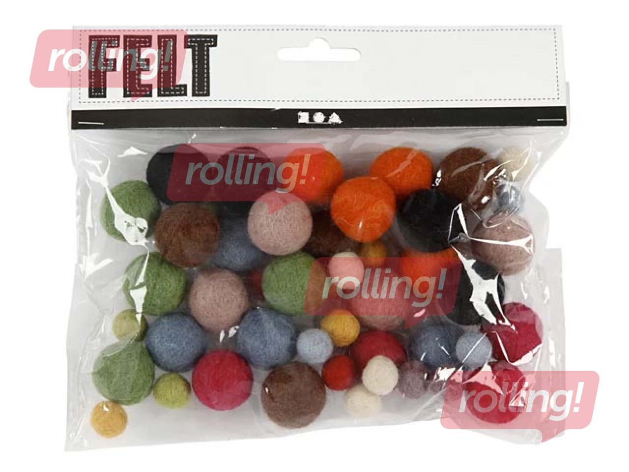 Felt balls, 10-20 mm, 52 pcs., assorted colours