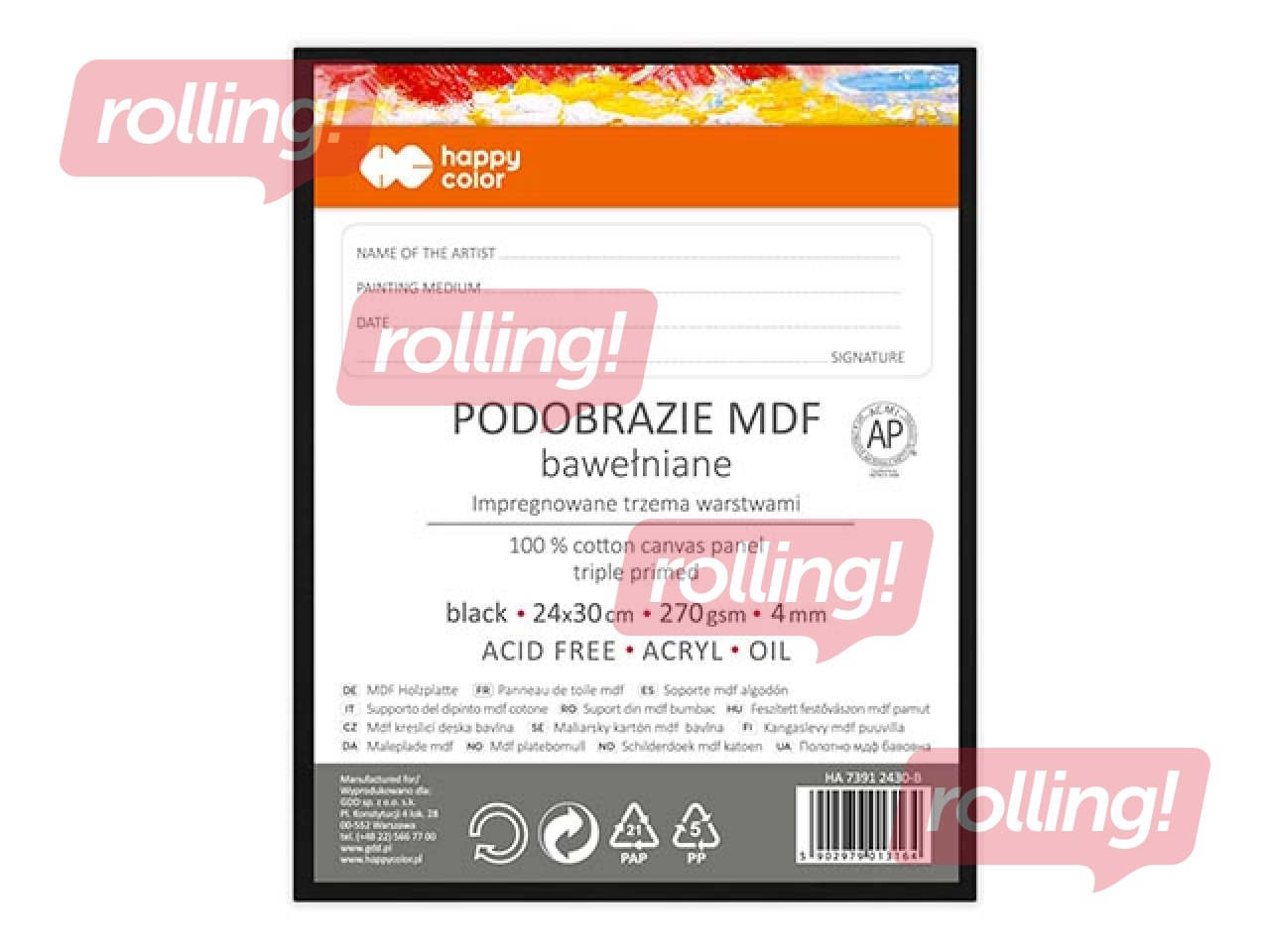 Audekls uz kartona Happy Color 24x30 cm, melns