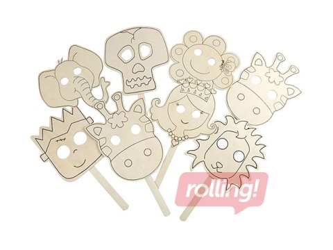Wooden masks with eyeholesand handle, 16 pcs.