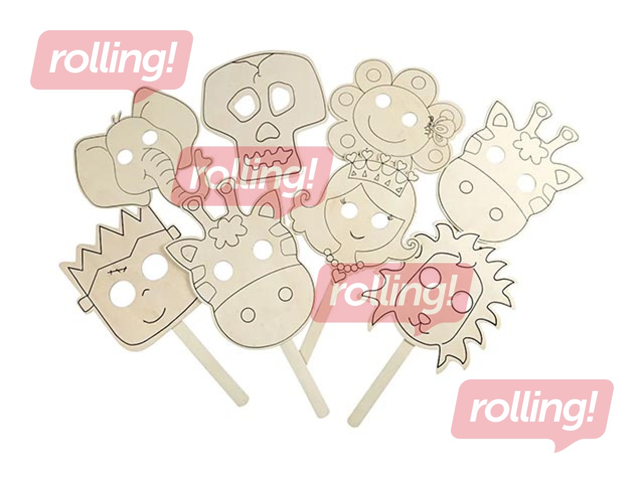 Wooden masks with eyeholesand handle, 16 pcs.