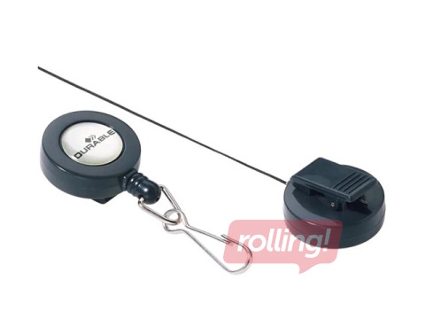 Badge reel with spring snap fastener. Reel reach: 85cm.