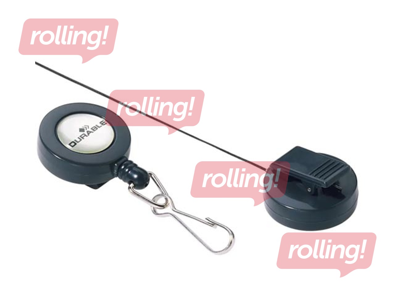 Badge reel with spring snap fastener. Reel reach: 85cm.