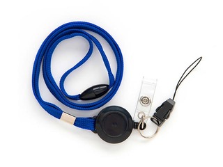 Textile necklace with badge reel and clips, blue, 10 pcs.