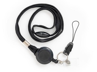 Textile necklace with badge reel and clips, black, 10 pcs.