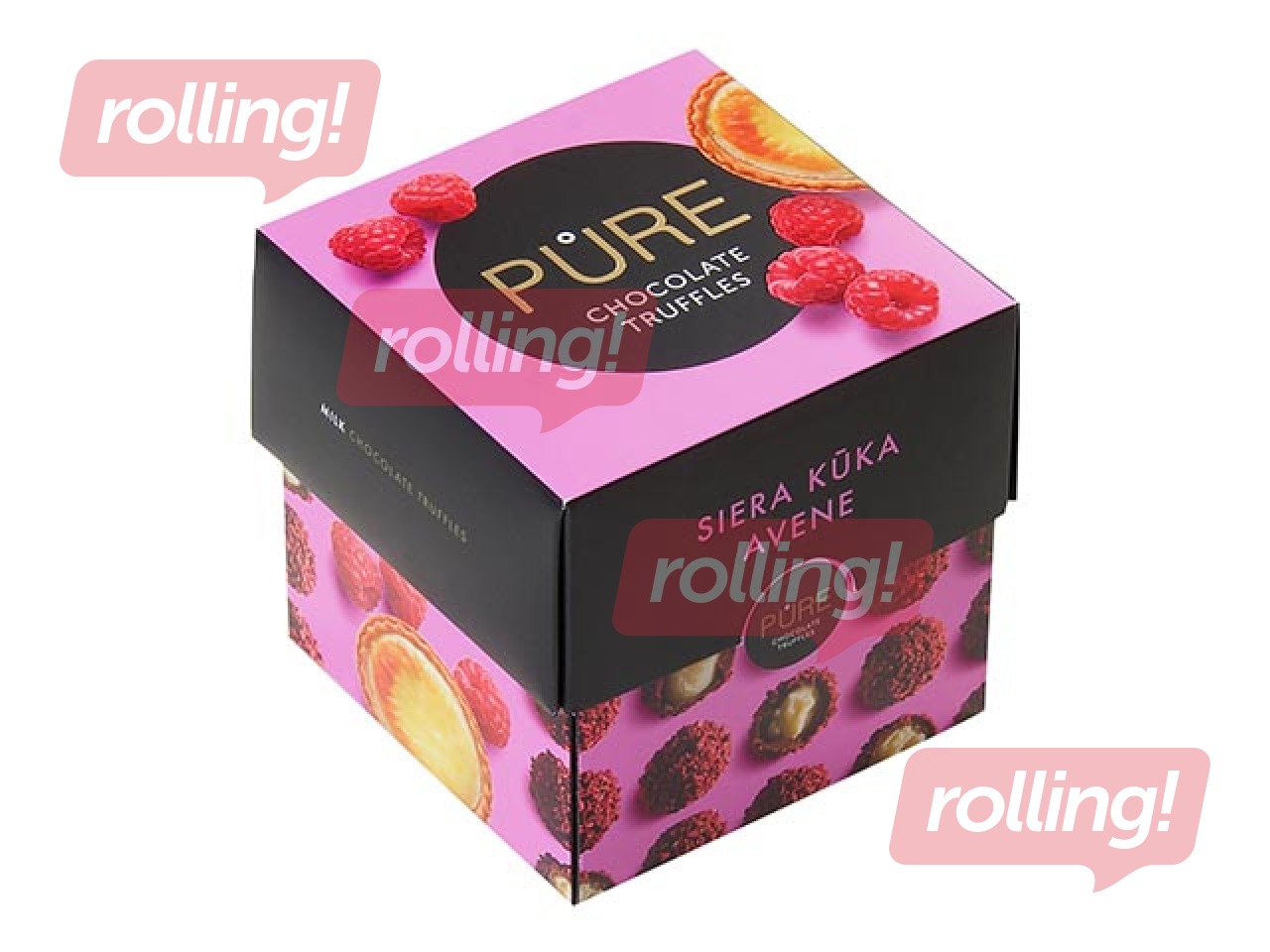 Šokolaaditrühvlid Pure Chocolate juustukoogi kreemi täidisega ja vaarika kaunistusega, 96 g