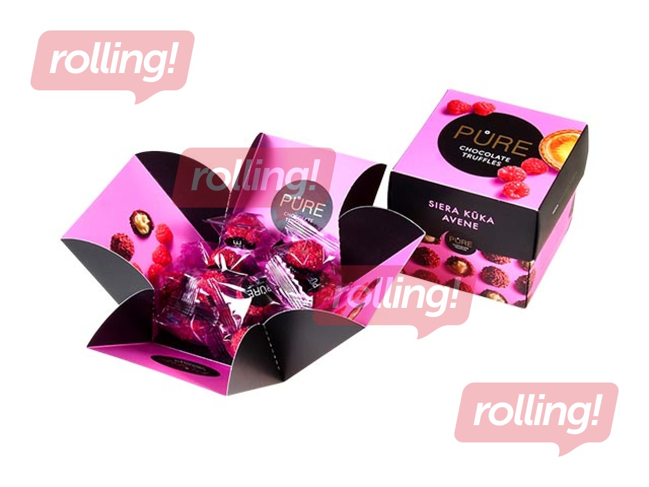 Šokolaaditrühvlid Pure Chocolate juustukoogi kreemi täidisega ja vaarika kaunistusega, 96 g