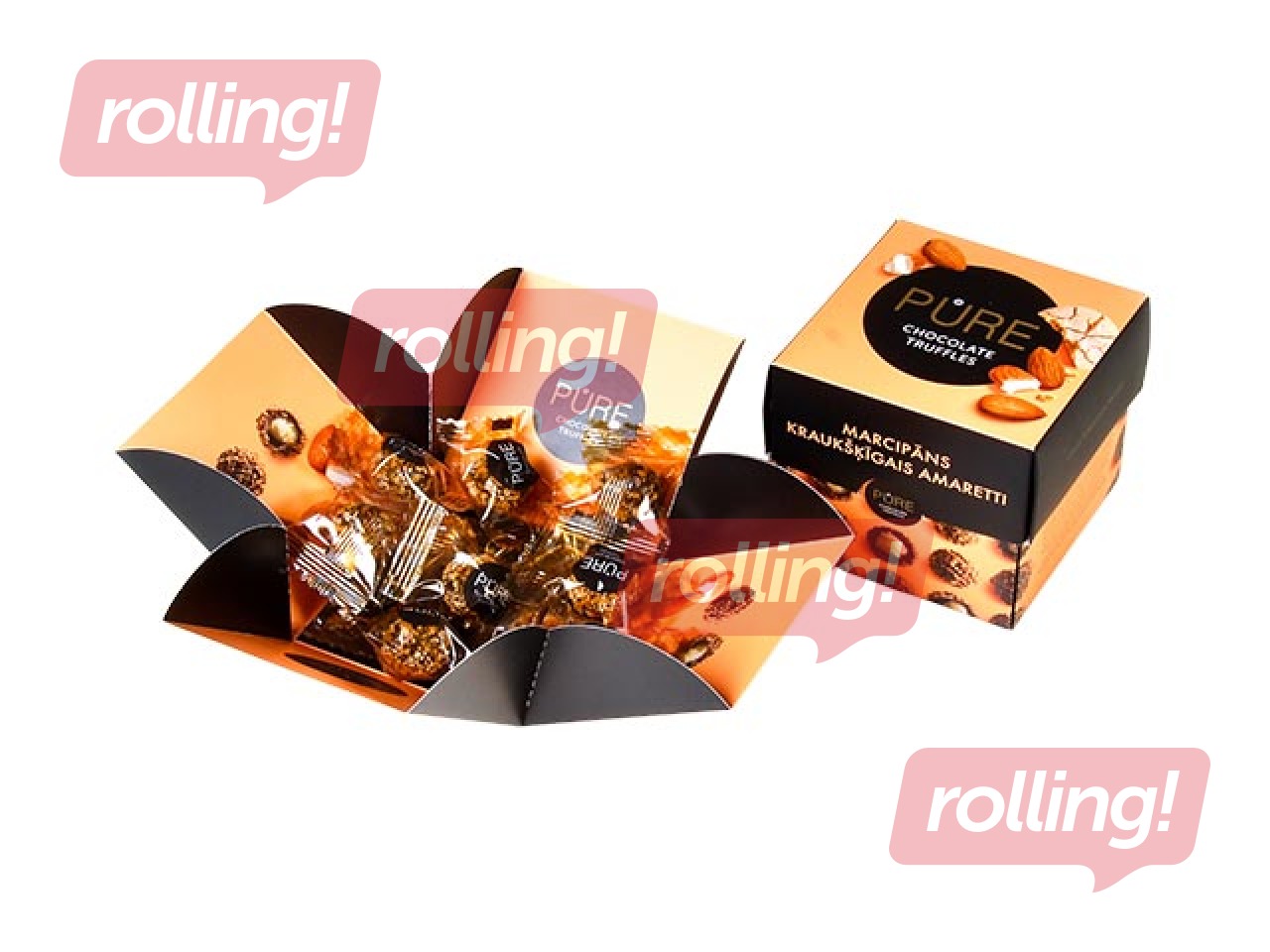 Šokolaaditrühvlid Pure Chocolate martsipanikreemi täidisega ja amaretti küpsise kaunistusega, 96 g