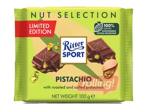 Piimašokolaad Ritter Sport, soolaste pistaatsiapähklitega, 100g