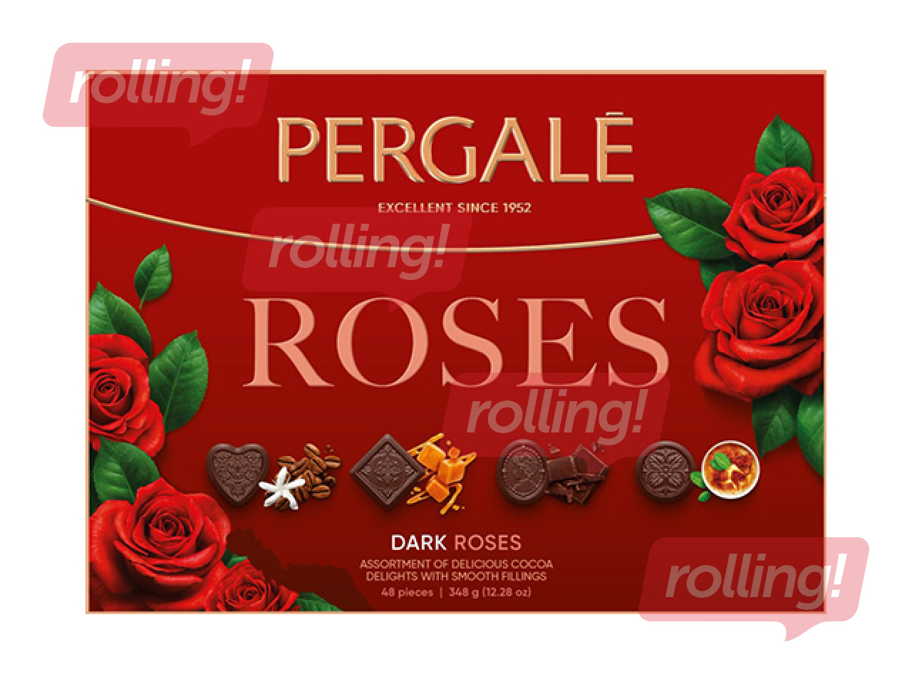 Tume šokolaadikommide valik Pergale, Roses, 348g