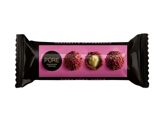 Milk chocolate truffles Pure Chocolate with cheesecake-flavoured cream filling and raspberr