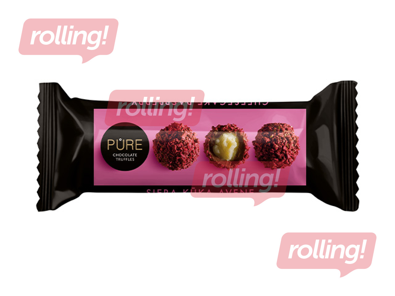 Piimašokolaadi trühvlid Pure Chocolate juustukoogimaitselise kreemitäidise ja vaarikakaunistusega
