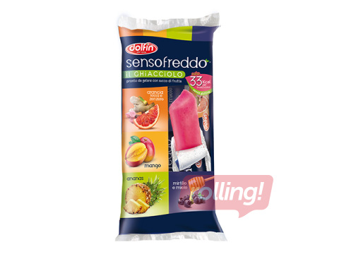 Sorbeta saldējums Dolfin, Sensfreddo, ar melleņu un medus, apelsīna un ingvera, mango un ananās