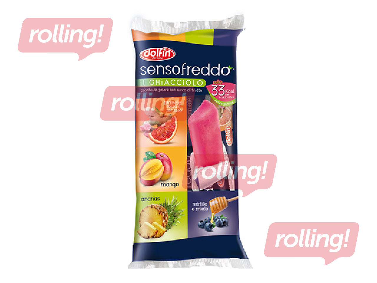 Sorbettjäätis Dolfin, Sensfreddo, mustika ja mee, apelsini ja ingveri, mango ja ananassi maitsega