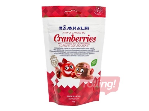 Candied fruits Rāmkalni, large cranberries, in milk chocolate, 80g