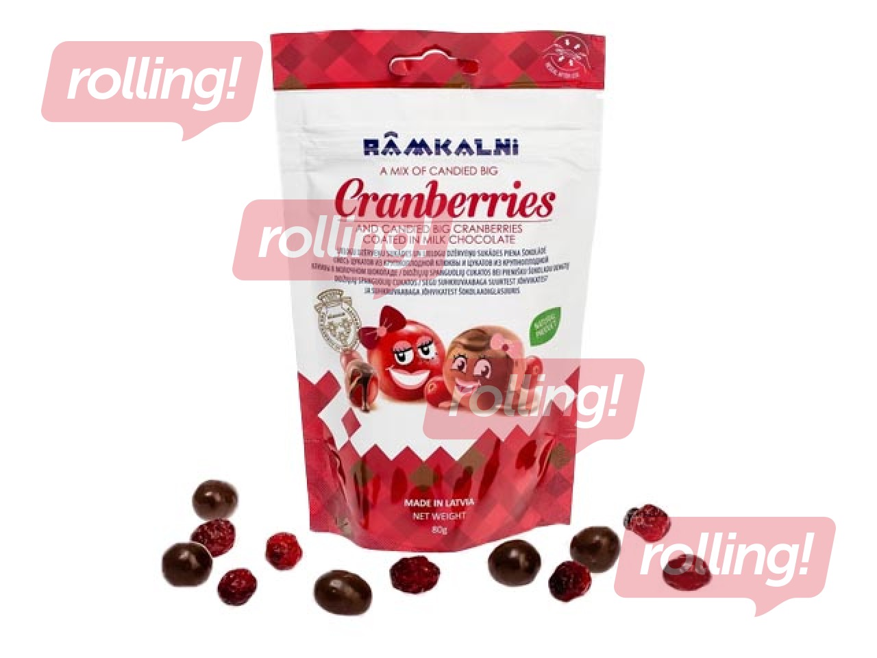 Candied fruits Rāmkalni, large cranberries, in milk chocolate, 80g