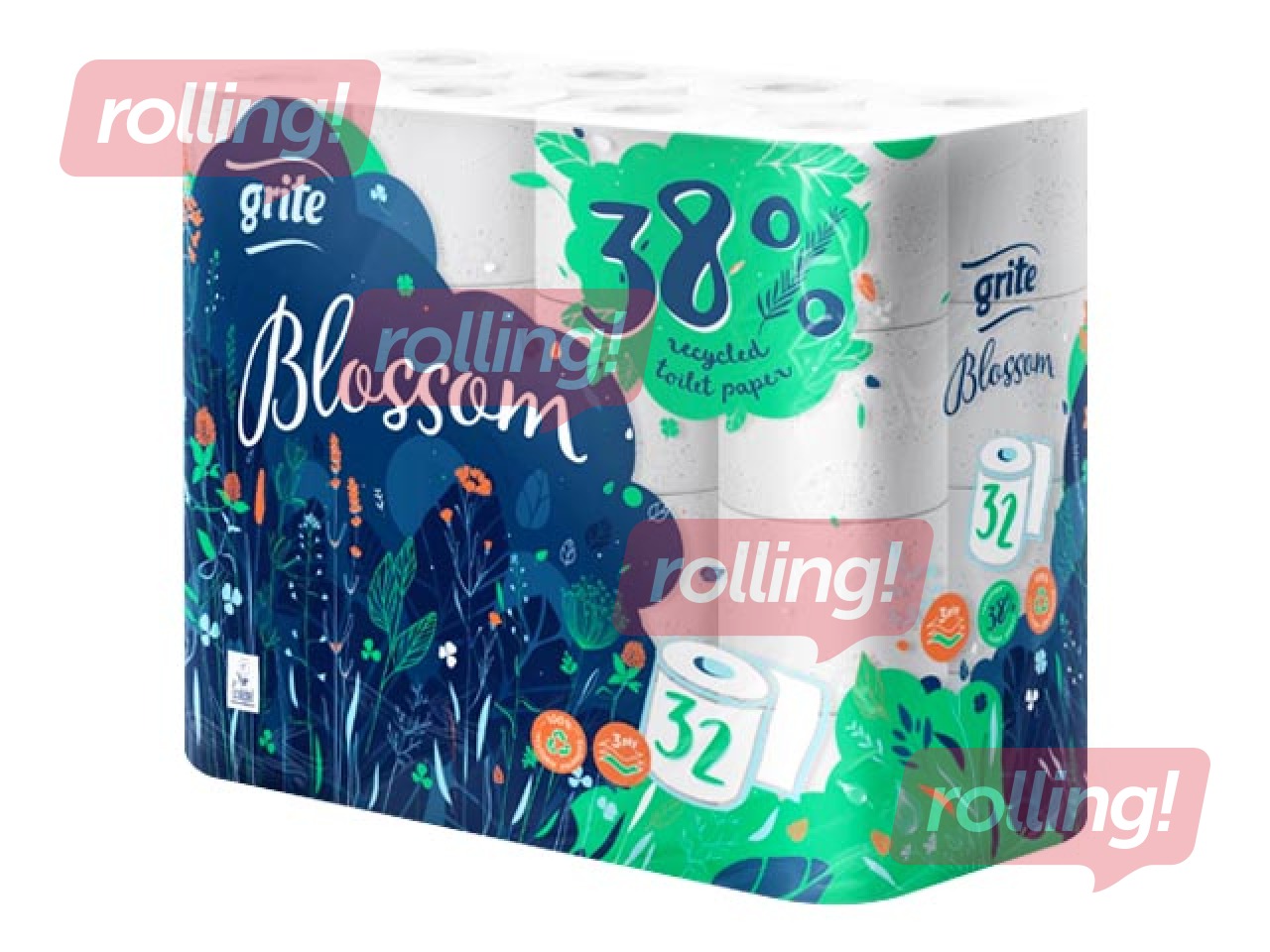 Tualettpaberi rullid, Grite Blossom, 32 rulli, 3-kihilised, valge