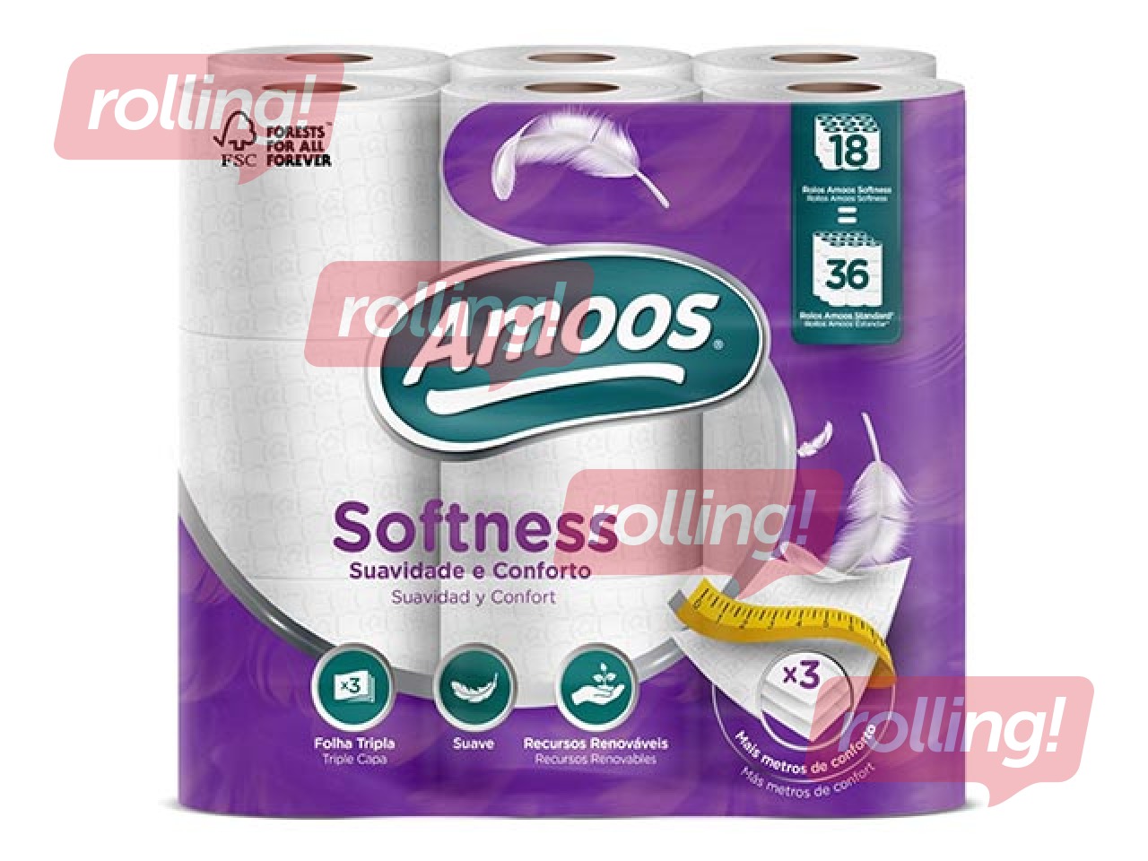 Tualettpaber Amoos, T4, 18 rulli, 3 kihti, valge