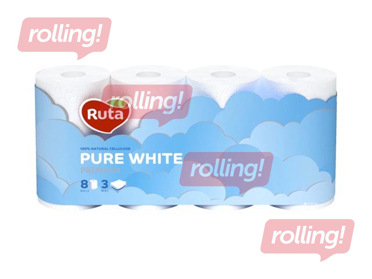 Tualettpaber Ruta Pure 8 rulli, 3-kihiline, valge