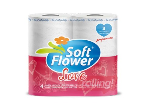 Tualetes papīrs Love Soft Flower, parfimēts, balts, 3 slāņi, 4 ruļļi
