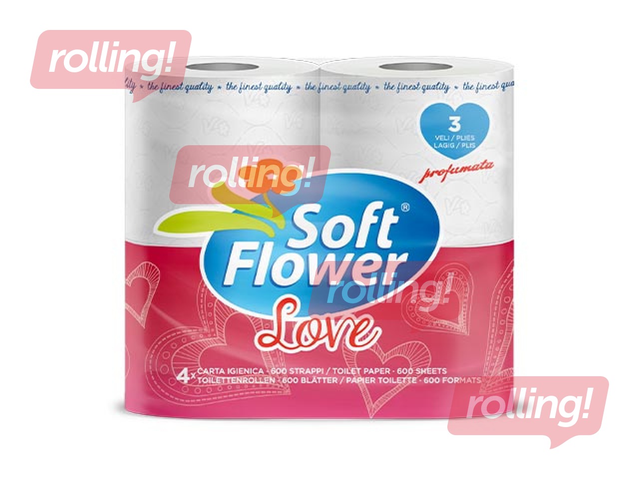 Tualetes papīrs Love Soft Flower, parfimēts, balts, 3 slāņi, 4 ruļļi