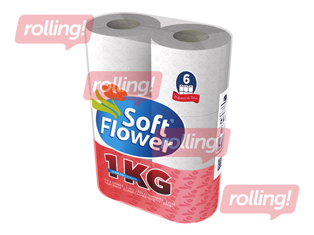 Туалетная бумага Soft Flower, 1 кг, 3 слоя, белая, 6 рулонов