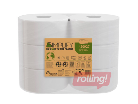 Tualetes papīrs Papernet, Simplify Mini Jumbo, 2 slāņi, balts, 6 ruļļi