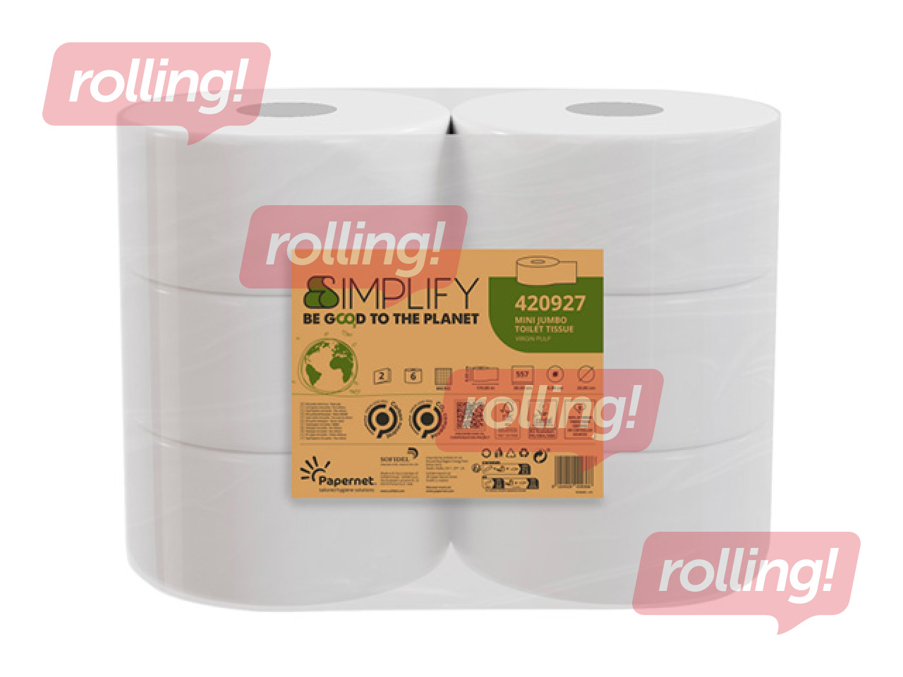 Tualettpaber Papernet, Simplify Mini Jumbo, 2-kihiline, valge, 6 rulli
