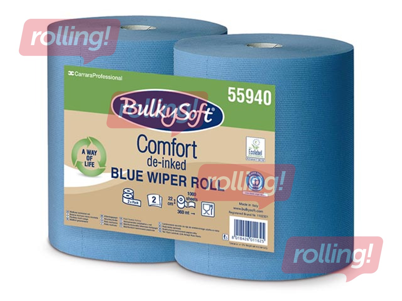 Tööstuslik paber Bulkysoft Comfort, 2 rulli, 360 m, 1000 lehte, 22x36 cm, 2 kihti, sinine