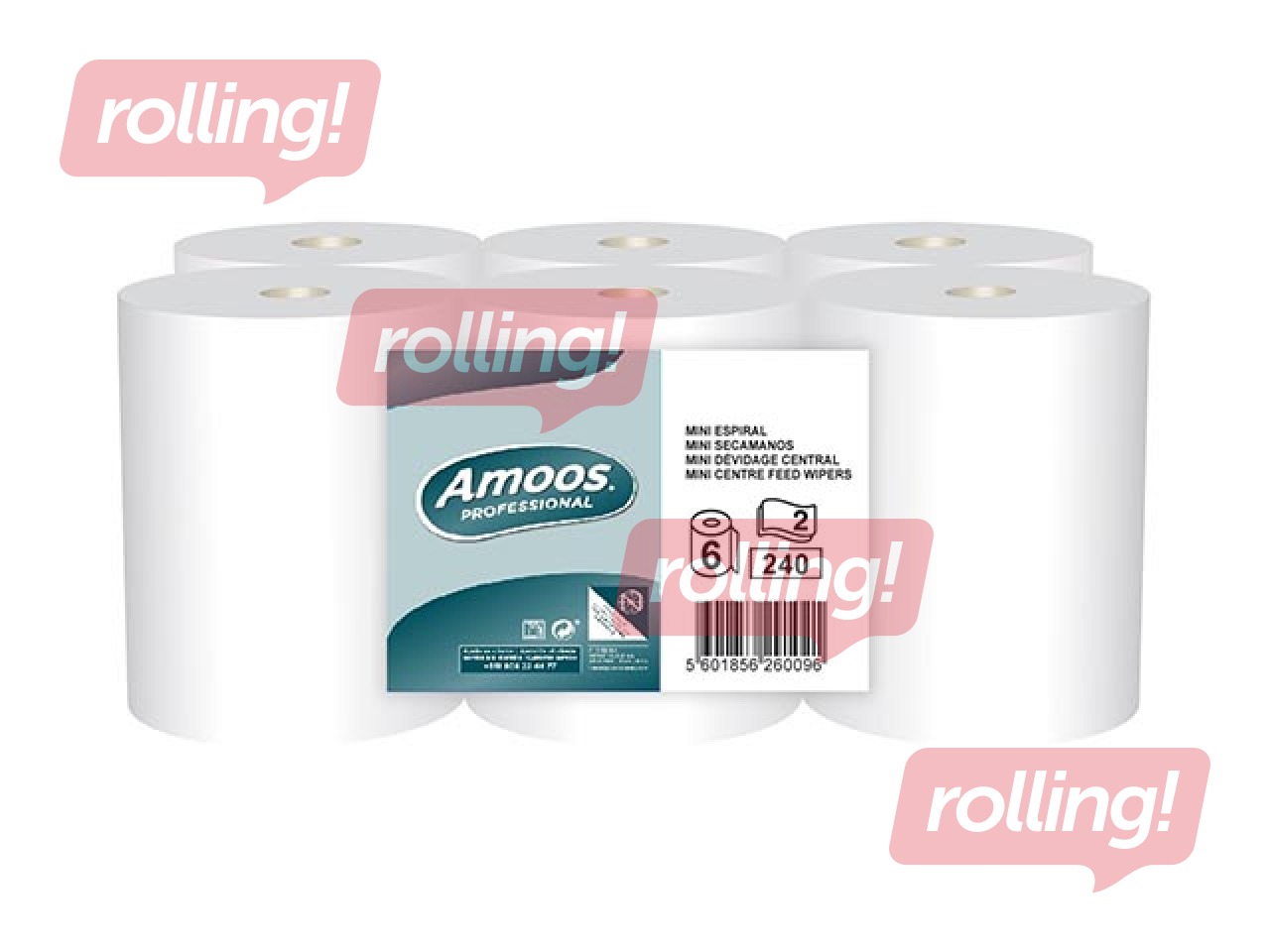 Paberirätikud rullides Amoos mini Centerfeed, M1, 2 kihid, 6 rulli, 60m