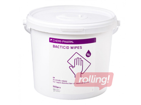 Влажные салфетки Chemi-Pharm, Bacticid Wipes, N600, для поверхностей, дезинфицирующие, 600 шт.