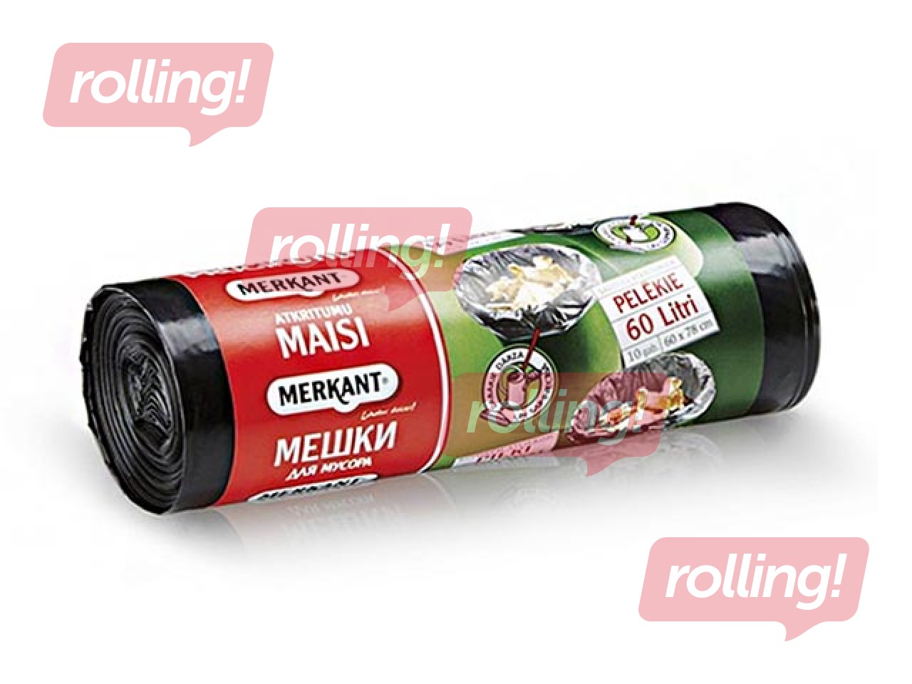 Prügikotid rullis Merkant, 60 l, 35 mic., 10 tk, hall