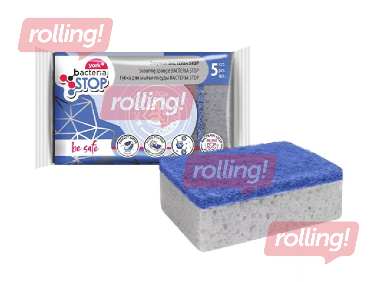 Nõudepesukäsnad York, Bacteria Stop, hallid, 10x7cm, 5tk.