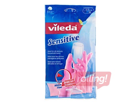 Gumijas cimdi Vileda Sensitive, latekss, ar kokvilnas oderi, M izmērs